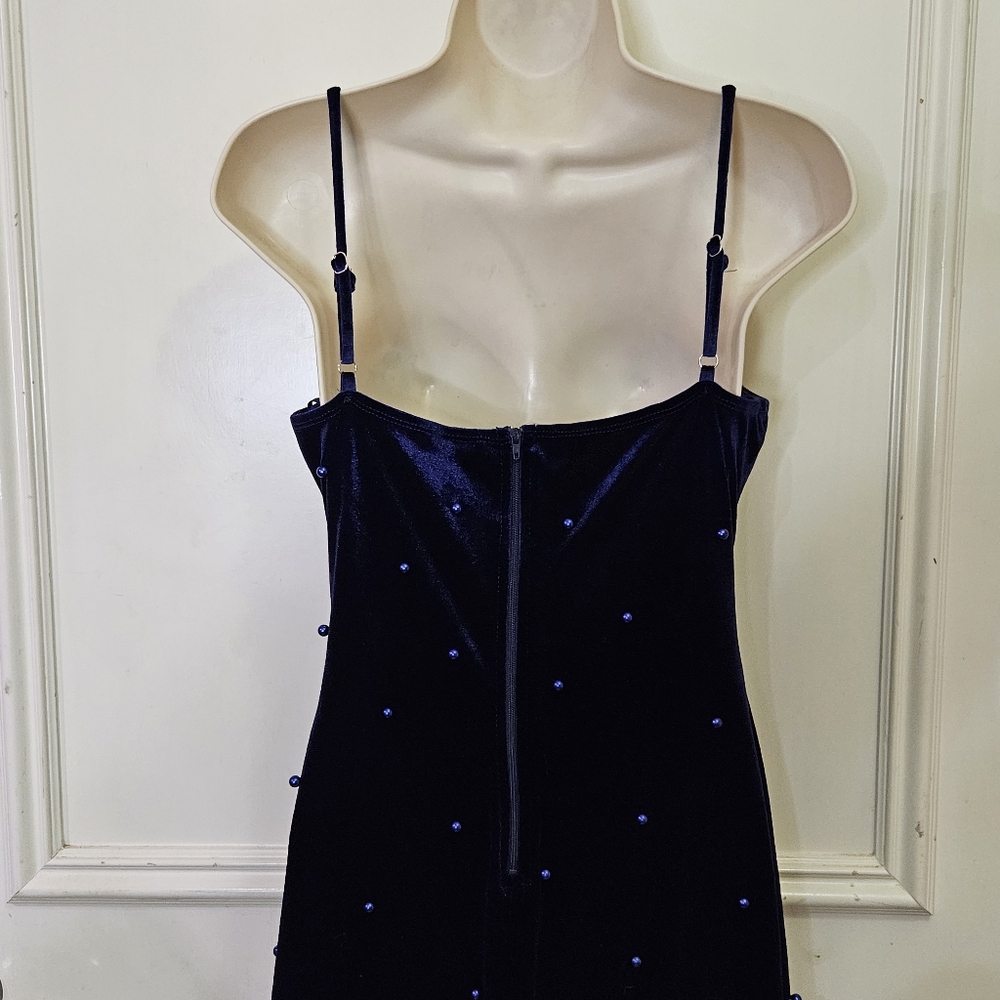 Windsor Navy Blue Velvet Beaded Embellished Asymmetrical Midi Dress,Large - Picture 7 of 16